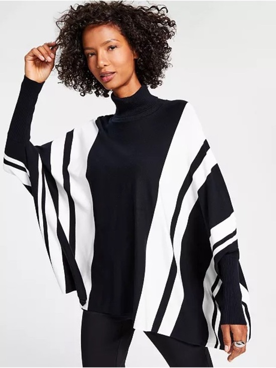 Alfani Sweaters - Alfani Black White Striped Turtleneck Poncho Sweater Large Asymmetrical